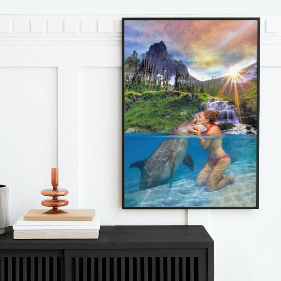 16x20 Kissing Dolphin Sunset Waterfall Majestic Watercolor‎ Oil Painting Print - Picture 1 of 7